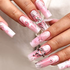 YICKYUE - 24pcs 3D Love Fake Nail Patches Heavy Metal Pink Press on Nail Full Cover Wearable Long Ballet Coffin French False Nail Patches
