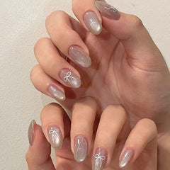 Yickyue Grey Sparkling Cat Eye Cute Bowknot Nail Art Solid Color Fake Nails Detachable Finished False Nails Press on Nails with Glue