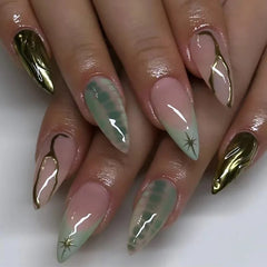 YICKYUE - 24Pcs Wearable Green French False Nails Simple Almond Fake Nails with Metallic Designs Press on Fake Nails Full Cover Nail Tips