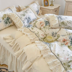 YICKYUE Korean Princess Style 100% Cotton Bedding Set French Flowers Print Lace Ruffles Duvet Cover Bed Skirt Bedspread Pillowcases 4Pcs