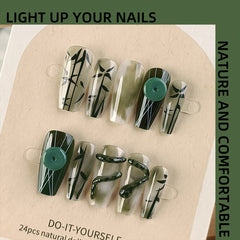 YICKYUE - Bamboo Shadow Snake Jade Handmade Press on Nails Wearing Armor, Chinese Style Gradient Dyeing, Dark Green Nail Art Fake Nail