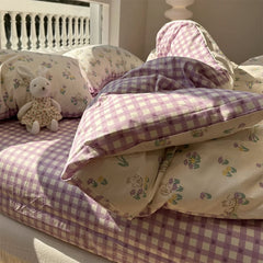 YICKYUE - Romantic rabbit floral purple plaid bedding set kid,twin full queen kawaii cotton home textile bed sheet pillow case quilt cover