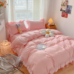 Yickyue New Korean Princess Style Bedding Set For Girls Solid Color Exquisite Ruffle Lace Pink Bed Skirt Duvet Cover Queen Pillow Case