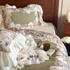 YICKYUE - Vintage french flower bedding set,full queen king retro fairyfair ruffled green home textile bed sheet pillow case quilt cover