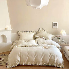 Yickyue Luxury 1000TC Egyptian Cotton French Princess Wedding Bedding Set Ruffles Black Edge Jacquard Duvet Cover Bed Sheet Pillowcases