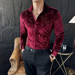 Hearujoy Korean Style Elastic Velvet Shirt For Men Spring Autumn Long Sleeve Slim Fit Tops Fashion Vintage Shirts Barber Nightclub