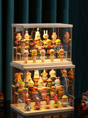 LED Light Wooden Material Blind Box Dolls Display Cabinet Acrylic Desktop Storage Box Toy Dust Organizer for Collectible Figures
