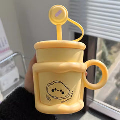 YICKYUE - Cute Puppy Thermos Sainless Steel Water Bottle With Straw Filter Tumbler 450ml Insulation Thermal Cup For Coffee Tea Juice Gift