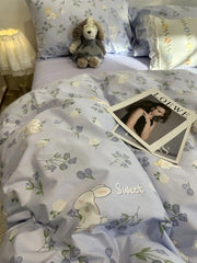 Yickyue - Sweet cute rabbit tulips blue bedding set kid teen,twin full queen flower cotton home textile bed sheet pillow case quilt cover