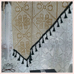 YICKYUE - Countryside American Style Knitted Beige Color Arc-shaped Short Curtain Embroidery Lace Clover Pattern Door Curtains for Bedroom