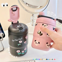 YICKYUE - Kawaii Cat Bear Thermos Bottle For Kids Girl Coffee Thermal Cup For Hot Cold Drinks Water Tea Milk Stainless Steel Portable Cup