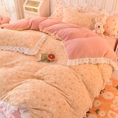 Autumn and Winter Milk Fiber Four-Piece Ins Coral Fleece-Lined Thickened Princess Style Double-Sided Bed Sheet Girl Quilt Cover