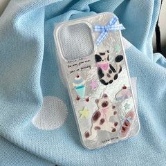 YICKYUE - Ins Cute Puppy Kitten Cartoon Phone Case for Iphone 14Pro 13 15Pro 14 15 12 Pro Max Shiny Glacier Summer Blue Check Bow Fundas
