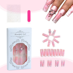 YICKYUE - 24pcs 3D Love Fake Nail Patches Heavy Metal Pink Press on Nail Full Cover Wearable Long Ballet Coffin French False Nail Patches