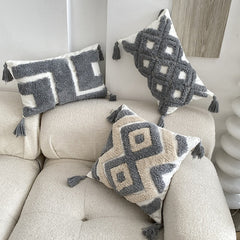 Yickyue Boho Grey Geometric Tufted Cushion Cover Four Corner Fringe Sofa Pillow Covers Decorative Square Decorative Pillows for Sofa