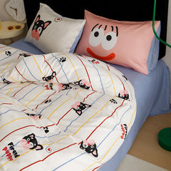 YICKYUE - 100% Cotton Bedding Set Cute Cartoon Simple Striped Cat Bed 4pcs Set Dormitory Bed Sheets Duvet Covers Pillows Home Decoration