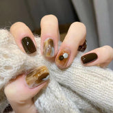 Amber Fake Nails Art Nail Tips Press on False Nails Set Full Cover Artificial Short Square Head Fingernails 24pcs/pack