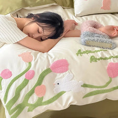 Yickyue Romantic three-dimensional towel embroidery Carnation 100 Cotton 4 Pcs cotton Duvet cover girls' bedding wholesale