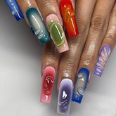 YICKYUE - 24PCS 3D Water Drops Decor y2k Nails Press On Coffin Reusable Adhesive False Nails Wearable Colorful Halo Fake Nails Long Ballet