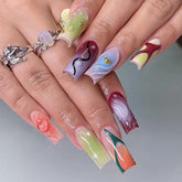 YICKYUE - 24PCS Long Ballet y2k Nail with 3D Water Stripe Decor Coffin Reusable Adhesive False Nails Wearable Colorful Fake Nails Press On