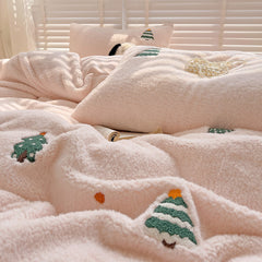 YICKYUE - 3/4Pcs Winter Thickened Warm Milk Velvet Christmas Tree Embroidery Bedding Set Duvet Cover Bed Sheet Pillowcase Christmas Gifts