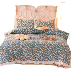 Autumn and Winter Milk Fiber Four-Piece Ins Coral Fleece-Lined Thickened Princess Style Double-Sided Bed Sheet Girl Quilt Cover