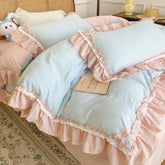 YICKYUE - Blue Pink Lattice Bedding Set, Korean Princess Ruffles Bow Bed Covers, 100% Washed Cotton Quilt Cover, Bed Sheet, Pillowcases