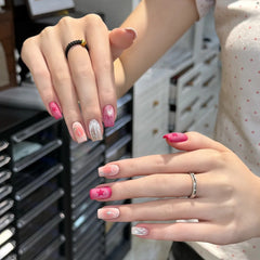 YICKYUE - 10pcs Handmade Y2K Press On Nails Shiny Cat Eye Pink Star Blush Design Sweet Cool Fake Nails Wearable Nail Art Tips for Hot Girl