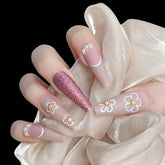 24pcs Matte Color With White Flower Fake Nails Long Coffin Press on False Full Cover Artificial Ballet Display Nail Tips Art