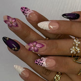 YICKYUE - 24pcs 3D Purple Devil's Flower Design False Nails Ins Handmade Almond Shaped Fake Nail Tips Wearable French Press on Nails