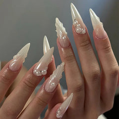 YICKYUE - 24pcs Aurora White Press on Nail 3D Pearl Decor Almond Shaped Fake Nails Wearable Full Cover Sweet Bride Fairy Fake Nail Patches