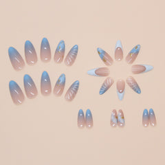 YICKYUE - 24pcs Ocean Fake Nails Long Almond Head Press On Nails Y2k False Nails 3D Crystal Stripe Decor Wearable Blue Gradient French Tip