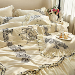 YICKYUE - Vintage Rose Flower Butterfly Lace Ruffles Princess Bedding Set 100S Egyptian Cotton Quilt/Duvet Cover Set Bed Sheet Pillowcases