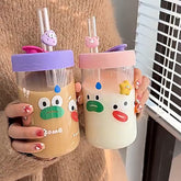 Yickyue 550ml Kawaii Cartoon Glass Cup With Lid and Straw Bubble Tea Cup Coffee Mug Juice Glass Beer Can Milk Mocha Water Cups Drinkware