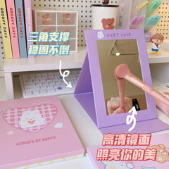 W&G Ins Kawaii Mirror Female Folding Makeup Mirror Cute Student Portable Desktop Mirror Table Desk Stand Soft Bunny Bear Mirrors