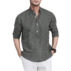 Hearujoy Retro Men Cotton Linen Shirt Grey Long Sleeved Stand Collar Pullover Tops Spring Autumn Fashion Casual Loose Oversized Shirts