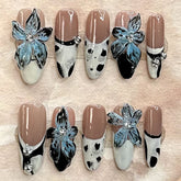 YICKYUE - 10pcs Handmade Press on Nails Ins Hand Painted Blue Flowers False Nail Wearable Full Cover Long Oval French Fake Nail Tips