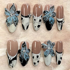 YICKYUE - 10pcs Handmade Press on Nails Ins Hand Painted Blue Flowers False Nail Wearable Full Cover Long Oval French Fake Nail Tips