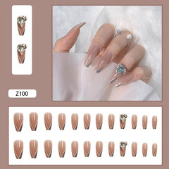 24Pcs Detachable Rhinestone Love Heart Ballerina False Nails Wearable Long Coffin Fake Nails Full Cover Nail Tips With Glue