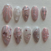 YICKYUE - 24pcs Sweet pink star Fake Nails 3D Ocean Shell Wearing False Nail Tips Butterfly Sparkling Diamond Ins Korean Press on Nails