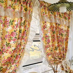 YICKYUE - Yellow Retro Curtain French Cotton Floral Curtain Elegant Lace Decor Atmosphere Kitchen Bathroom Partition Balcony Small Curtain