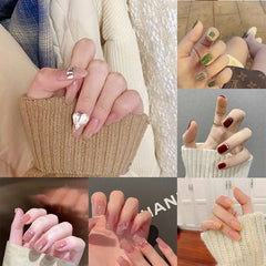 24Pcs Short Nail Art Fake Nails Bow-knot Pearl Press on Tips False with Glue Coffin Stick Butterfly Designs Square Nail Z1052