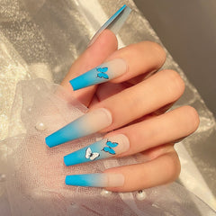 24pcs Blue Butterfly Scrub Matte Long Ballet Finished Nail Art Removable Press On Fake Nails Long T Wearing Reusable False Nails