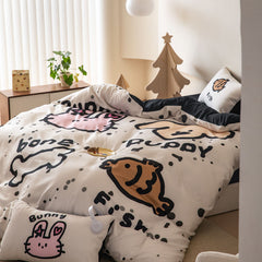 YICKYUE - Cute Cartoon Print Bedding Set Japanese Korean Duvet Sets 3 4 Pcs Bedsheet Bedroom Dormitory Hotel Homestay Home Decoration