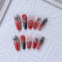 YICKYUE - Dark Style Personalized Butterfly Nail Art Red Black Coffin Shaped Press On Nails Halloween Gift for Girls
