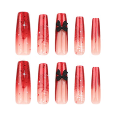 YICKYUE - Sparkle Gradient French Christmas Snowflake Star Black Bowknot Long Fake Nail Art Detachable Finished False Nails Press on Nails