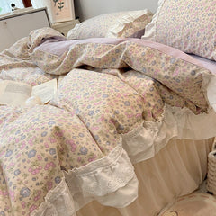 Yickyue Romantic 100%Cotton Twin Bedding Elegant Pink Purple Floral Duvet Cover Set White Lace Ruffle 1.2/1.5/1.8m Bedskirt Pillowcases