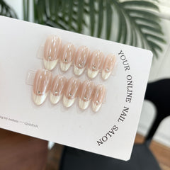 YICKYUE - 10pcs Handmade Oval Press On Nails Aurora French False Nails White Edge Rhinestone Design Nails Art Full Cover Wearable Manicure