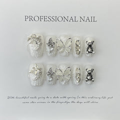 Yickyue 10Pcs Set White Butterfly Handmade Press On Nails Long Ballet Decoration Pearl False Nails Wearable Manicure Fake Nails Tips Art