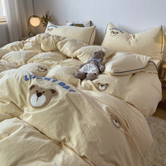 Yickyue High Quality Lovely Bear Embroidered Bedding Set Cute Sheep Pattern Duvet Cover Set with Sheets Quilt Cover Pillowcase Bed Sets